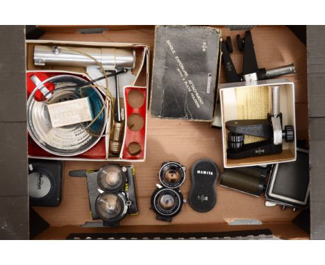 A Tray of Mamiya Twin Lens Reflex Accessories, including Paramender parallax compensation attachments (2), a pair of Mamiya-S