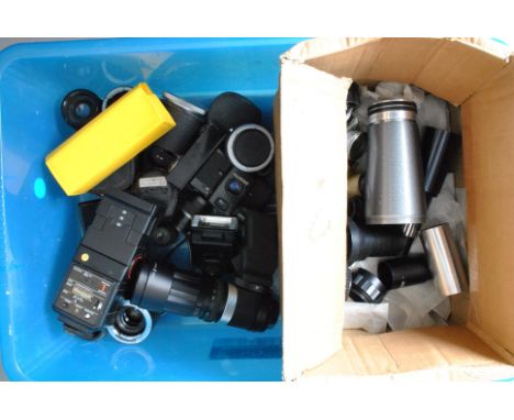 A Box of Cameras and Accessories, including a Lomo LC-A Zenith camera, a Cosmic Symbol camera, teleconverters, projector lens