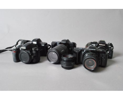 A DSLR and SLR Cameras, including Nikon D3100, Nikon F-501, Olympus 101 (2) with 35-70mm f/3.5-4.5, 70-210mm f/3.5-4.5 lenses