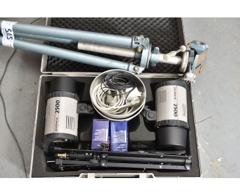 An Elinchrom Studio Flash System, including two Prolinca 2500 flash heads with stands, two bowl reflectors, two white umbrell