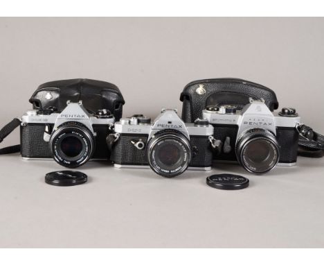 Three Asahi Pentax SLR Cameras, a Pentax MX, serial no 9112616, a Pentax ME Super, no 2487348, both chrome, with SMC-Pentax-M