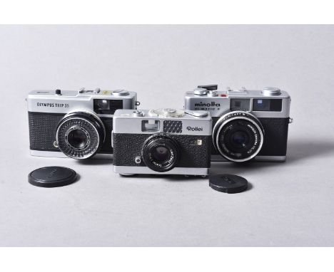 Three Compact 35mm Film Cameras, a Minolta Hi-Matic F rangefinder camera with a Rokkor 38mm f/2.7 lens, a Rollei B35 camera, 