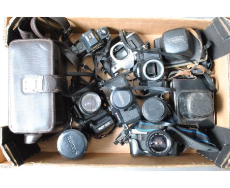 A Tray of 35mm Camera Bodies and Lenses, including a Canon AE-1, a Canon T70, a Cosina C1, a Minolta X-300, a Ricoh KR-10M, a