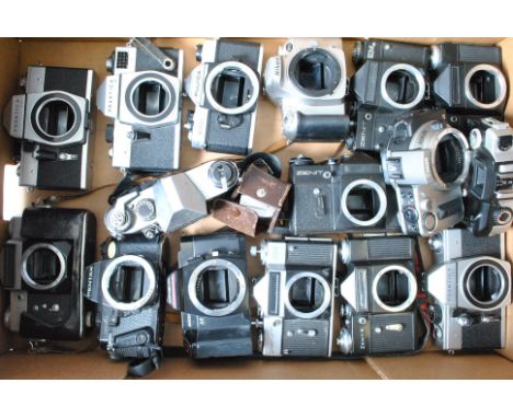 A Tray of SLR Bodies, including bodies from Canon, Fujica, Minolta, Nikon, Pentax, Praktica and Zenit