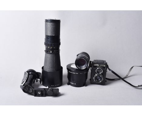 A Group of Medium Format Lenses, including a Kowa Six 500mm f8 lens, a Fujinon 1.6x teleconverter TVC90/80B/75B, a Mamiya-Sek