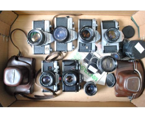 A Tray of 35mm SLR Cameras, including Pentax Asahi S1, KX, Soligor 135mm f/2.8, 35mm f/2.8 lenses (Pentax mount), Minolta SRT