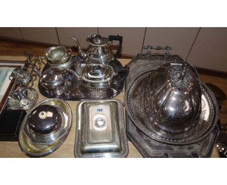 A collection of silver plated flatware, a Victorian circular tray, etc