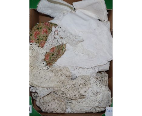 Various Brussels bobbin lace collars, a tape lace trim and mixed embroidered mats and linens