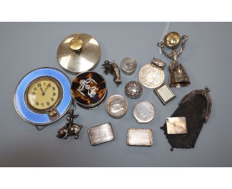 A small collection of silver and white metal items including enamel desk clock, tortoiseshell mounted box, William IV vinaigr