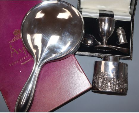 A late Victorian silver caddy(a.f.), a cased silver two piece christening set, silver hand mirror and small silver pepperette