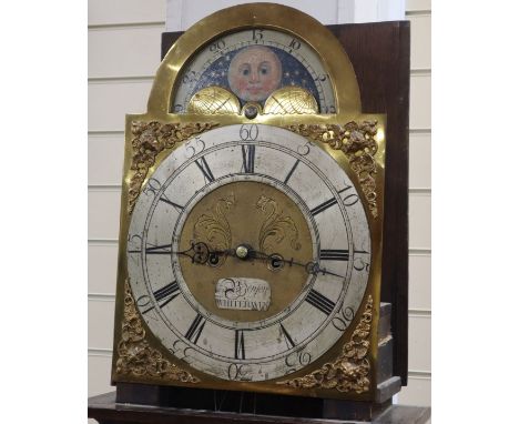 A George III oak and marquetry longcase clock, by Benson, Whitehaven (hood lacking), with weights and pendulum H.197cm