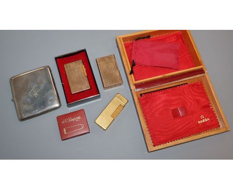 A silver cigarette case, a Dunhill lighter and two Dupont lighters