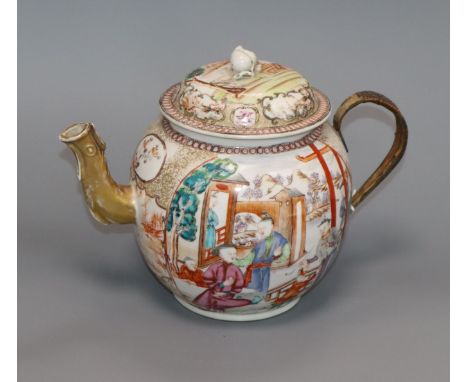 A large Chinese famille rose teapot, Qianlong period, replacement metal handle height 19cm