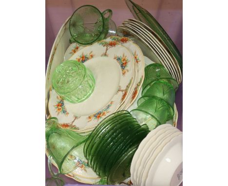 J &amp; G Meakin 'Sunshine' pattern teawares and green glass