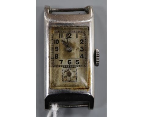 A 1930's stainless steel Longines manual wind rectangular wrist watch, with Arabic dial and subsidiary dial below, length 30m