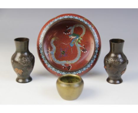 A selection of Chinese and Japanese metalwork, comprising; a Chinese cloisonné basin, 14cm wide, a pair of Japanese vases, 9c