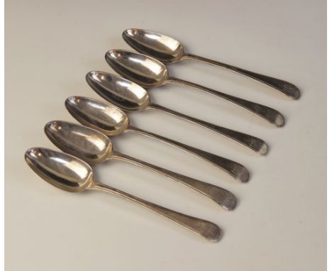 A set of six George III Old English pattern spoons, John Langlands I & John Robertson I, Newcastle circa 1785, the handles wi