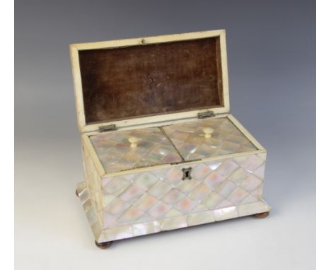 A Victorian mother of pearl tea caddy, the rectangular box with hinged cover opening to reveal a divided interior, each with 