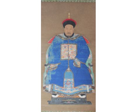 Chinese School (19th century), Gouache on paper, Ancestral Portrait of a 8th Rank Civil Official, 88cm x 46.5cm, Mounted onto