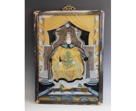 Chinese School (Early 20th century), Reverse painted portrait of an emperor, 54.5cm x 39cm, Framed 