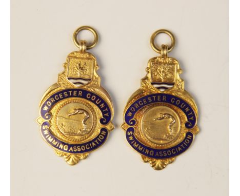 Two George V 9ct gold enamelled medallions for the Worcester County Swimming Association, Fattorini &amp; Sons Ltd, Birmingha