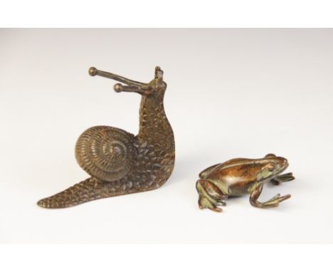 A Japanese bronze model of Snail, 20th century, 5.5cm high, with a bronze model of a frog, 4.5cm long, unsigned (2) 