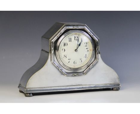 A French Edwardian silver plated mantle clock, circular dial with Arabic numerals, key-wind movement with integral key, visib