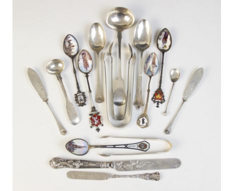 A selection of silver and silver coloured cutlery, to include; a Victorian fiddle pattern silver sauce ladle, Thomas Whitaker
