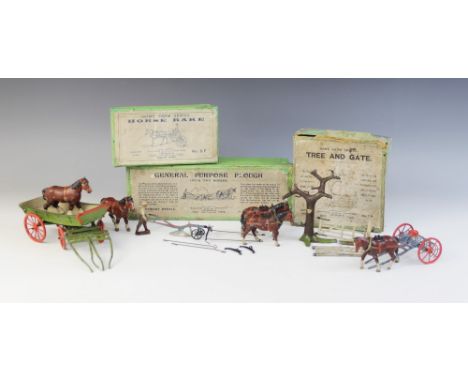 A W. Britain Home Farm Series No. 6F "General Purpose Plough", 20th century, in original box, with a No. 8F "Horse Rake" in o