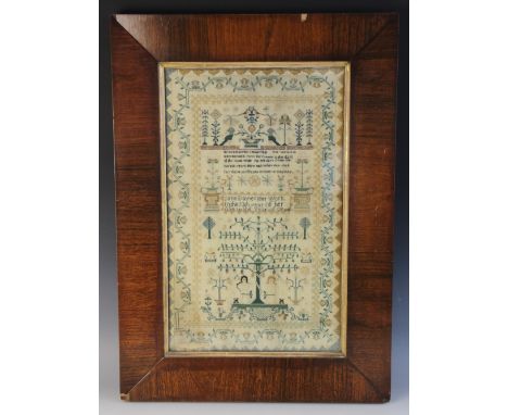 A needlework sampler, 19th century, worked by Jane Davies (aged 13), depicting Adam and Eve under the apple tree with serpent