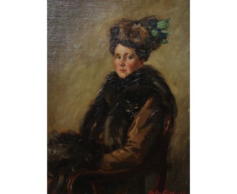 John Cameron (British school, late 19th/early 20th century),Half length portrait of a seated lady in furs,Oil on board,Signed
