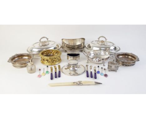 A selection of tableware and accessories, to include a George V silver mounted capstan inkwell by A &amp; J Zimmerman, Birmin