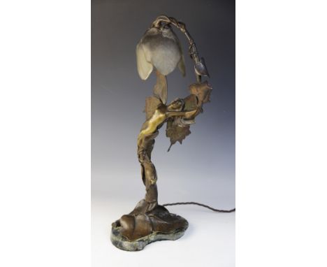 After Henri Coutheillas (French, 1862-1927), an Art Nouveau bronze figural table lamp, modelled as a butterfly winged nymph e