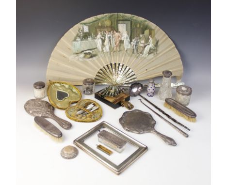 A selection of dressing tableware and accessories, to include; an Edwardian silver mounted cut glass pin box, Chester 1908 (m