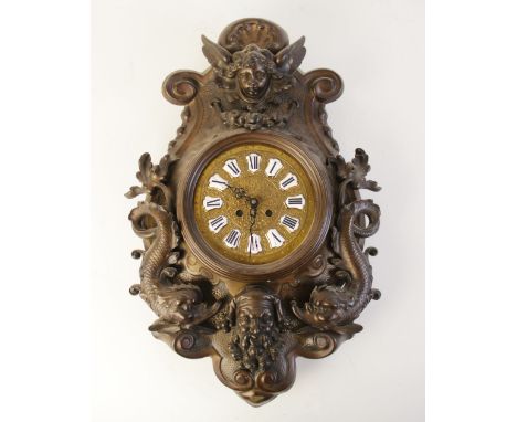 A 19th century bronze patinated wall clock, in the baroque style, the 'C' scroll case cast in relief with cherub and human ma