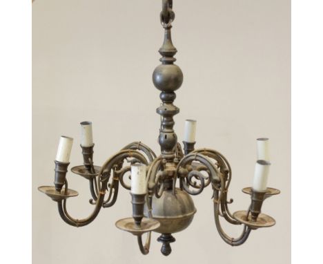 A 19th century Dutch six branch chandelier, the central bulbous and baluster column extending to six 'S' shaped scrolled arms