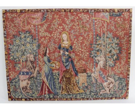 A modern hand embroidered tapestry of large proportions, after 'Smell' from the medieval 'Lady And The Unicorn' series depict