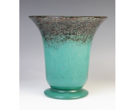 A Vasart studio glass vase, mid 20th century, of flared form on spreading foot, the black and aventurine mottled rim graduati