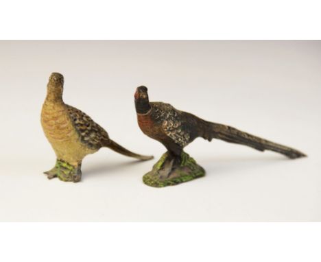 Two Austrian cold painted bronze figures, 19th century, one modelled as a cock pheasant, the other as a hen pheasant, likely 