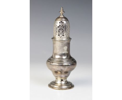 A George II silver sugar caster, Samuel Wood, London 1741, of baluster form on circular foot with pierced pull off cover, 18.