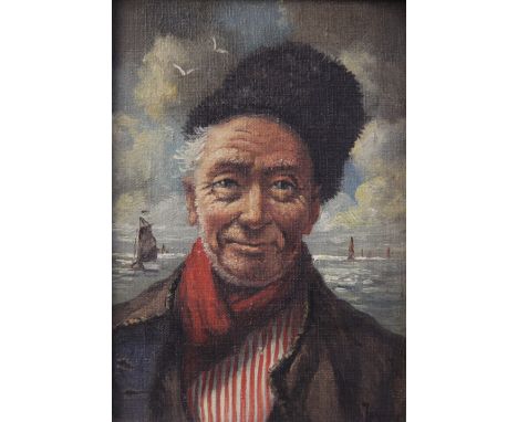Dutch school (19th century),Portrait of an old sailor in a fur hat, with boats beyond against a stormy sky,Oil on canvas,Unsi