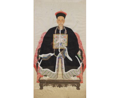 Chinese School (19th century), Gouache on paper,Ancestral Portrait of a 1st Rank Civil Official, 124cm x 68cm, Framed and gla