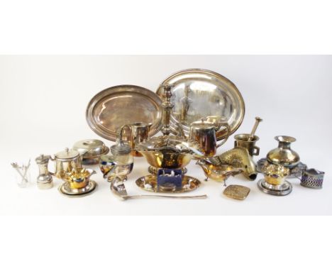 A large quantity of silver, silver coloured, silver plated items, to include; a three-piece tea service, teapot 16.5cm high, 