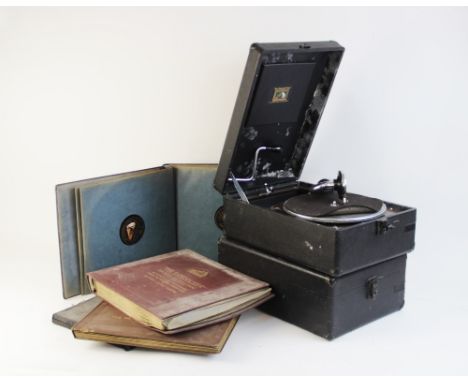 Two vintage HMV gramophones, one retailed by Forrest &amp; Son of Shrewsbury, with a collection of 78 RPM records including S