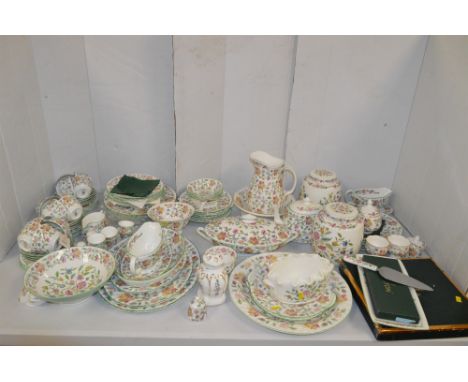 Minton 'Haddon Hall' dinnerware: a large assortment of items including dinner plates, soup bowls, dessert bowls, dessert plat