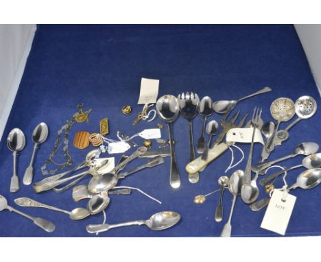 Plated cutlery; a silver bladed butter knife; a silver caddy spoon by George Unite; an Edwardian seed pearl set brooch; and o