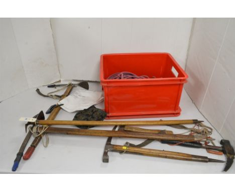 Five vintage ice axes, include one engraved 'C.A.1954' and with Alpine mountain names; crampons; rope etc.