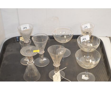 Four early/mid 19th Century spirally fluted wine glasses with unusual square tear stems, and various others. (9)