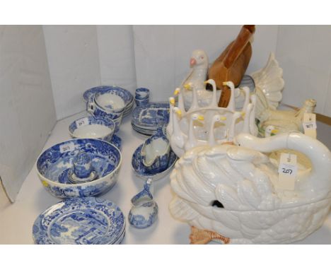 Copeland Spode Italian pattern breakfast ware; together with ceramic and wooden duck and chicken ornaments.