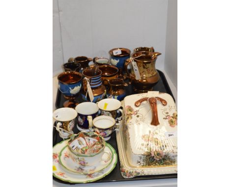 Copper lustre jugs and mugs; 19th Century hand painted cups and loving cups; poppy decorated cheese dish; and other items.